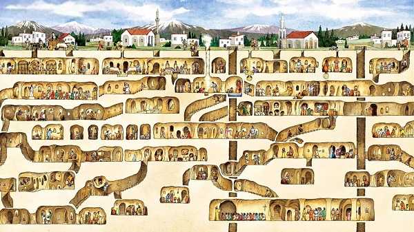 The subterranean city derin kuyu could house up to 20,000 people, plenty of domestic animals, and enough supplies to wait out an invading army. Image Credit: Wikimedia Commons